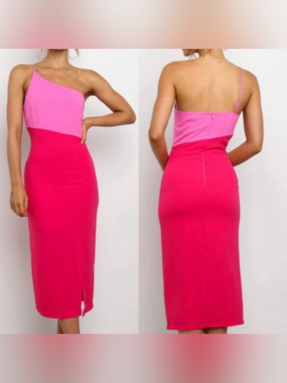 NWT Petal & Pup Xiomar Midi Dress Pink Colorblock One Shoulder Side Slit US 10